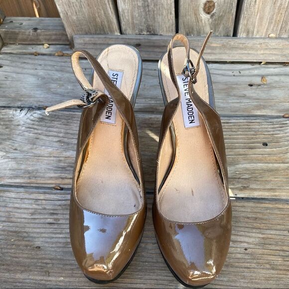 Steve Madden Stacie Slingback Stiletto Patent leather Tan Platform Heels size 7 - Picture 12 of 14